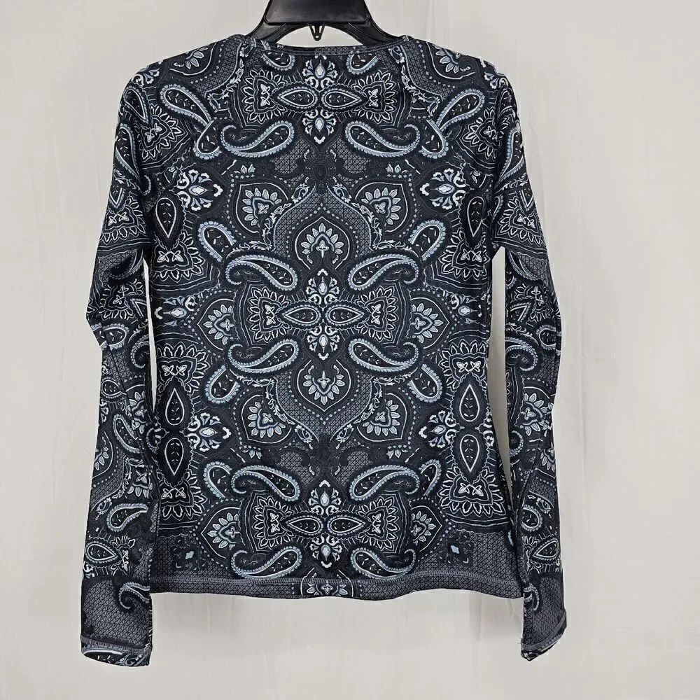 Athleta Black Blue Sierra Nevada Top Shirt Paisley Thumbhole Thermal Small - Picture 5 of 6